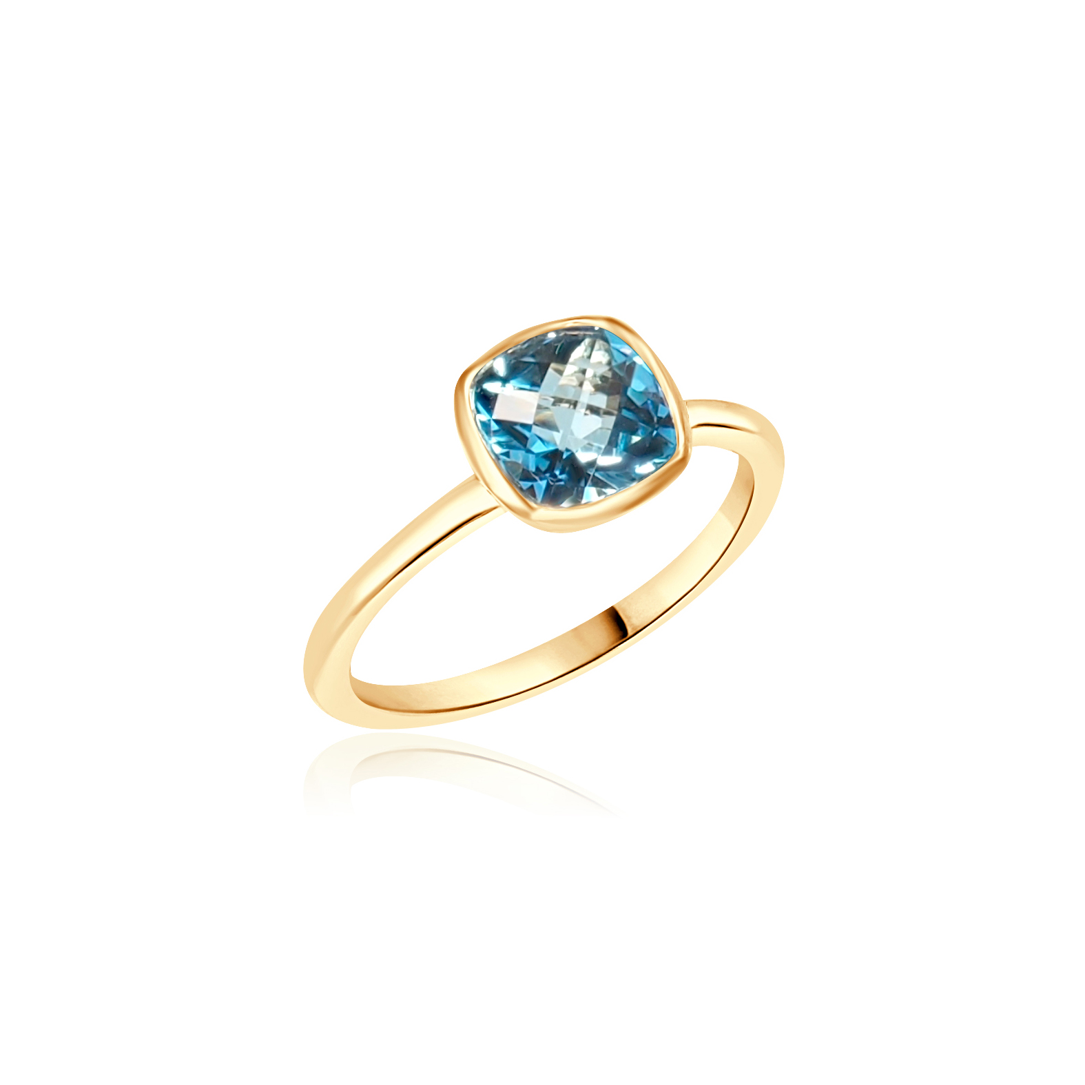 14KY GOLD BEZEL SET BLUE TOPAZ 7X7MM CUSHION SHAPE RING